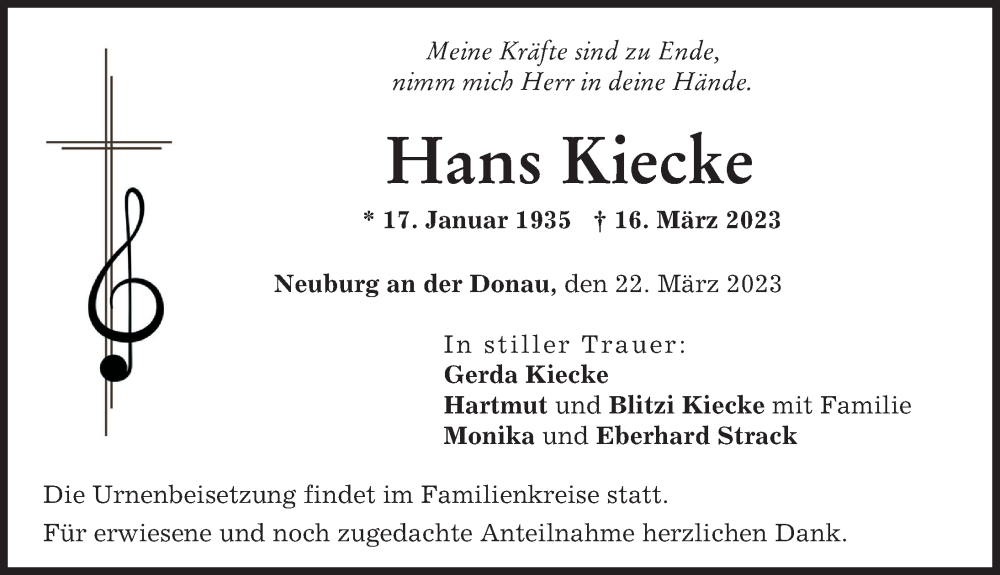  Traueranzeige für Hans Kiecke vom 22.03.2023 aus Neuburger Rundschau