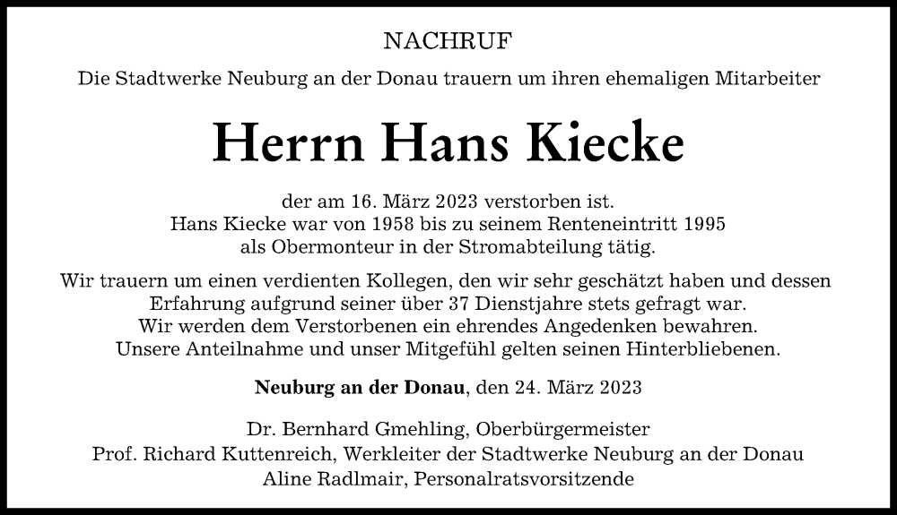  Traueranzeige für Hans Kiecke vom 24.03.2023 aus Neuburger Rundschau
