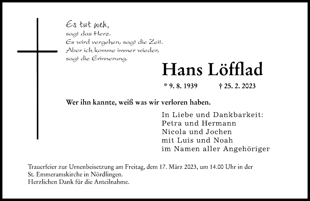  Traueranzeige für Hans Löfflad vom 14.03.2023 aus Rieser Nachrichten
