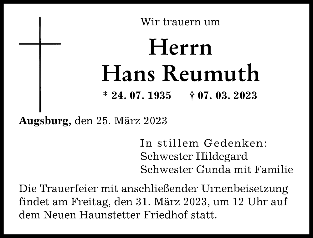  Traueranzeige für Hans Reumuth vom 25.03.2023 aus Augsburger Allgemeine
