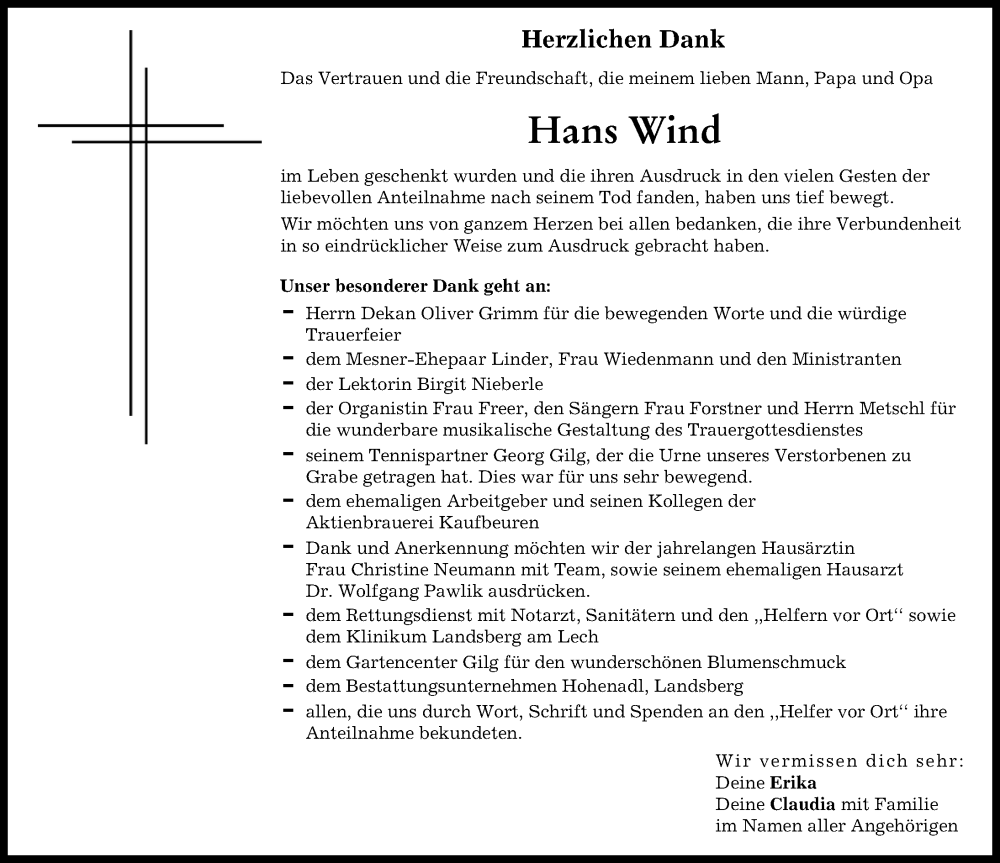 Traueranzeigen Von Hans Wind Augsburger Allgemeine Zeitung