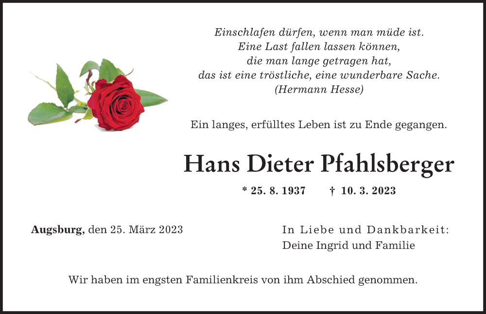  Traueranzeige für Hans Dieter Pfahlsberger vom 25.03.2023 aus Augsburger Allgemeine