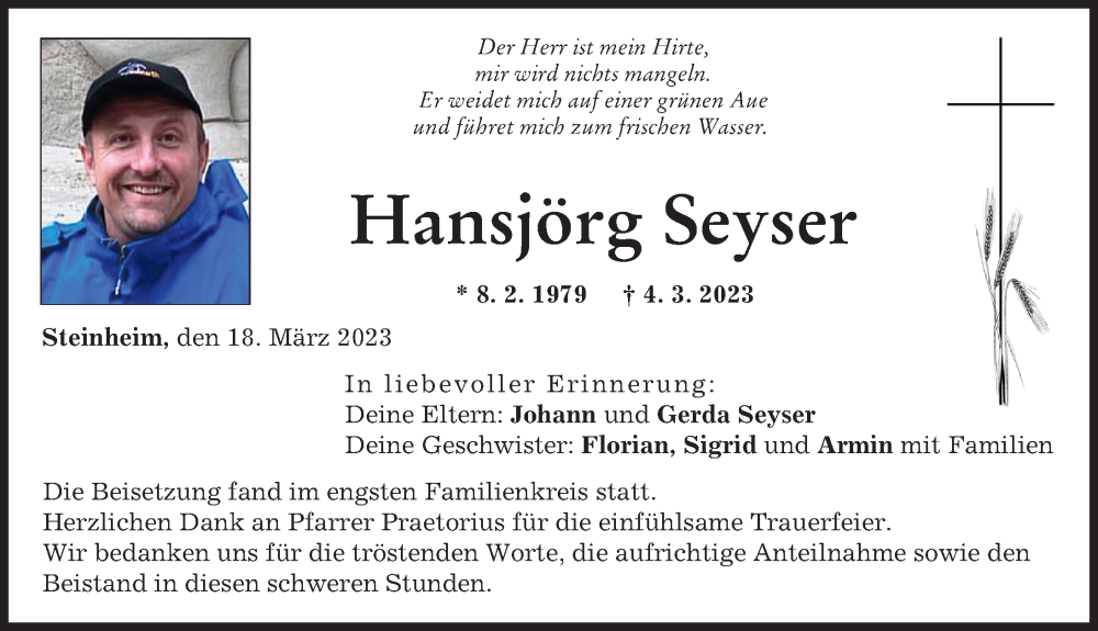  Traueranzeige für Hansjörg Seyser vom 18.03.2023 aus Neu-Ulmer Zeitung