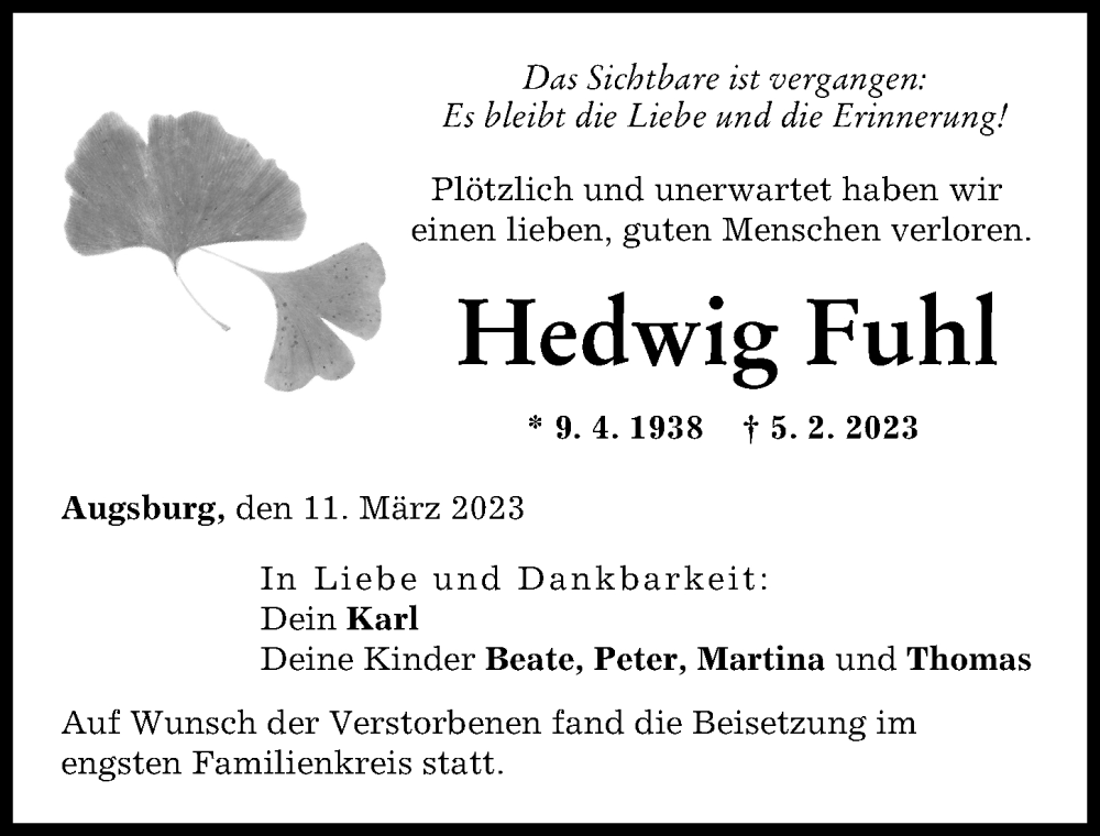 Traueranzeige von Hedwig Fuhl von Augsburger Allgemeine