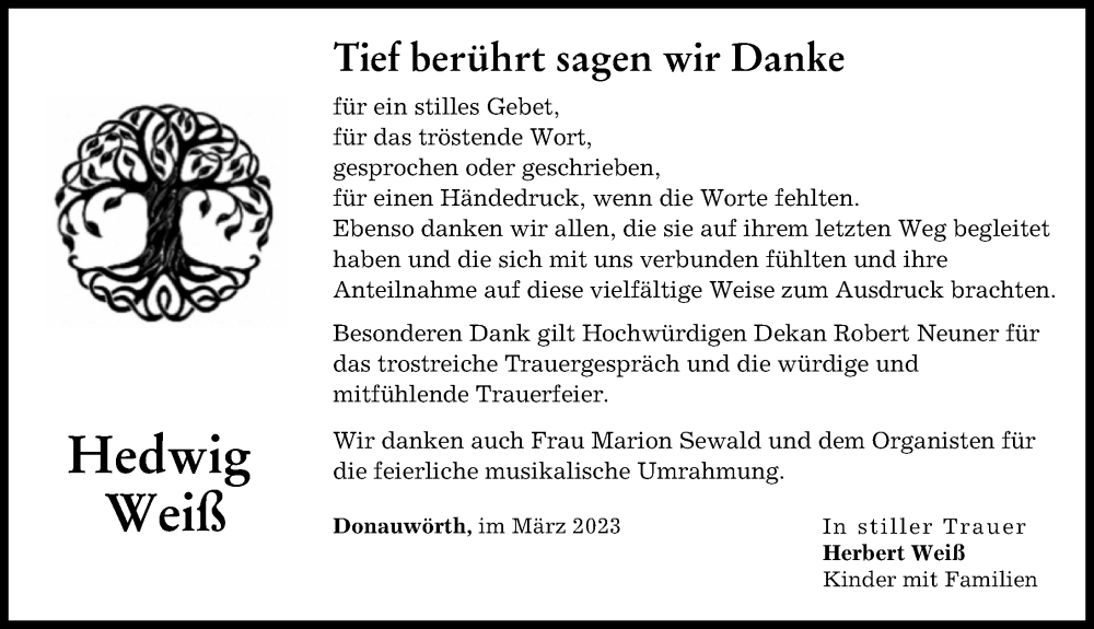 Traueranzeige von Hedwig Weiß von Donauwörther Zeitung