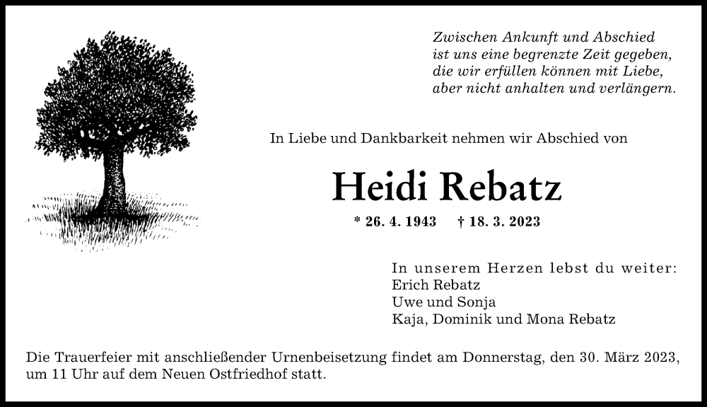  Traueranzeige für Heidi Rebatz vom 27.03.2023 aus Augsburger Allgemeine