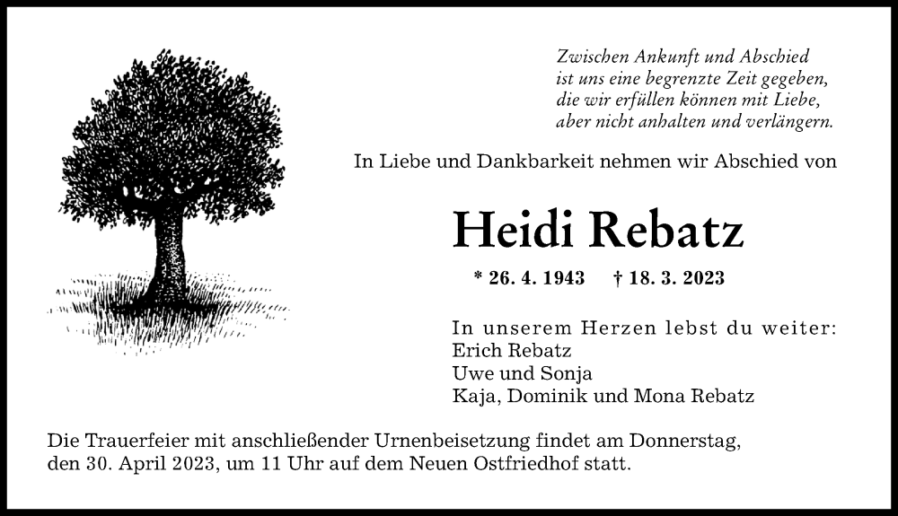  Traueranzeige für Heidi Rebatz vom 25.03.2023 aus Augsburger Allgemeine