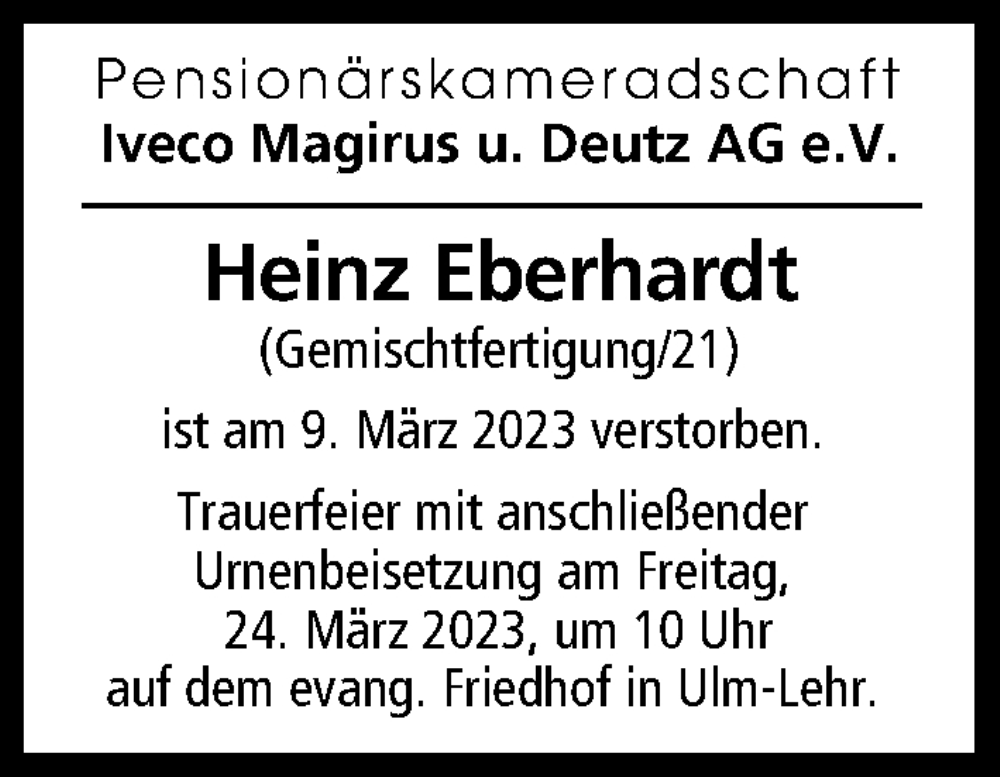  Traueranzeige für Heinz Eberhardt vom 23.03.2023 aus Illertisser Zeitung, Günzburger Zeitung, Neu-Ulmer Zeitung