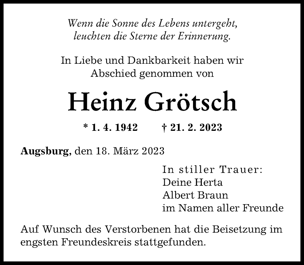  Traueranzeige für Heinz Grötsch vom 18.03.2023 aus Augsburger Allgemeine