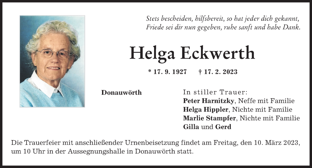 Traueranzeige von Helga Eckwerth von Donauwörther Zeitung