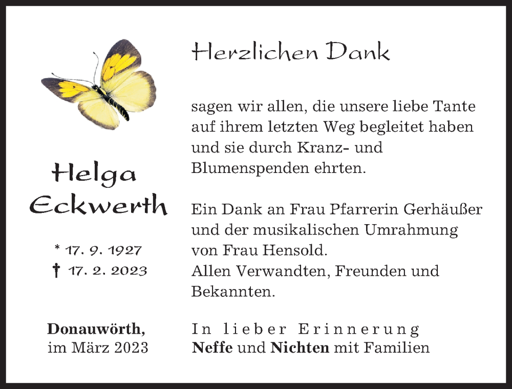 Traueranzeige von Helga Eckwerth von Donauwörther Zeitung