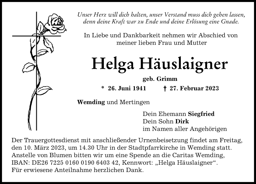 Traueranzeige von Helga Häuslaigner von Donauwörther Zeitung