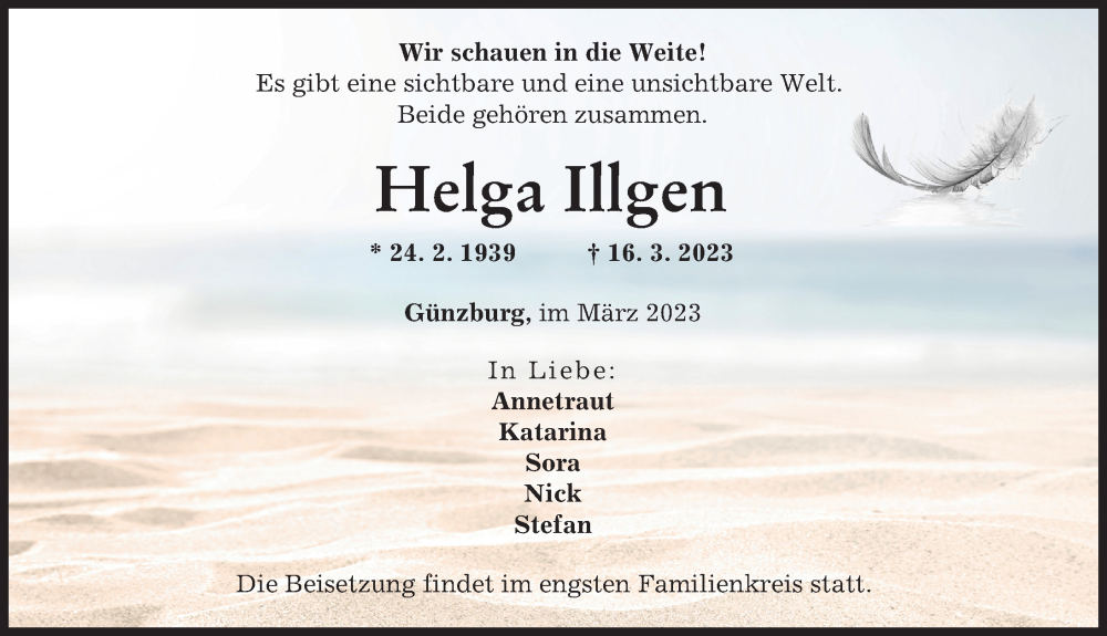  Traueranzeige für Helga Illgen vom 18.03.2023 aus Günzburger Zeitung
