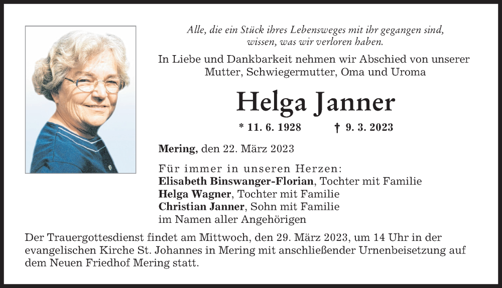  Traueranzeige für Helga Janner vom 22.03.2023 aus Friedberger Allgemeine, Landsberger Tagblatt