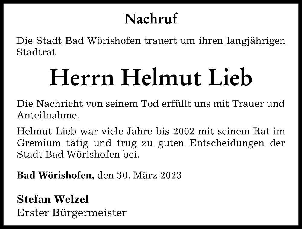  Traueranzeige für Helmut Lieb vom 30.03.2023 aus Mindelheimer Zeitung