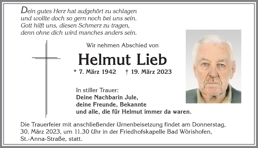 Traueranzeige für Helmut Lieb vom 25.03.2023 aus Mindelheimer Zeitung