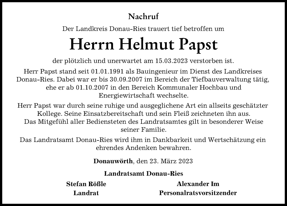  Traueranzeige für Helmut Papst vom 23.03.2023 aus Rieser Nachrichten, Donauwörther Zeitung