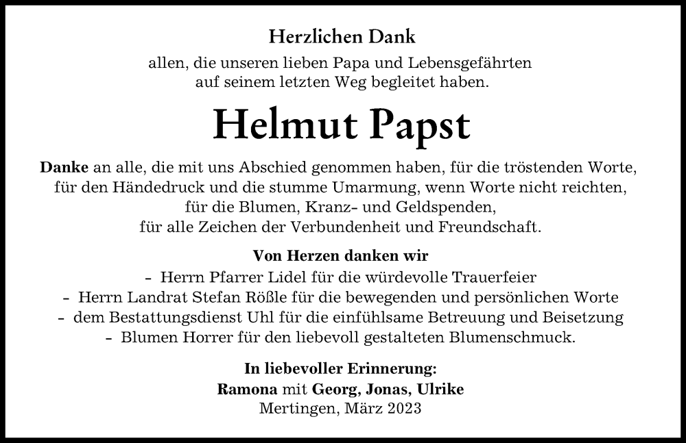  Traueranzeige für Helmut Papst vom 31.03.2023 aus Rieser Nachrichten, Donauwörther Zeitung