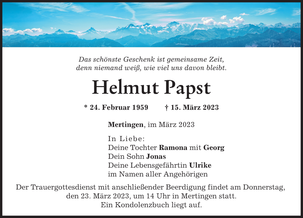  Traueranzeige für Helmut Papst vom 21.03.2023 aus Rieser Nachrichten, Donauwörther Zeitung