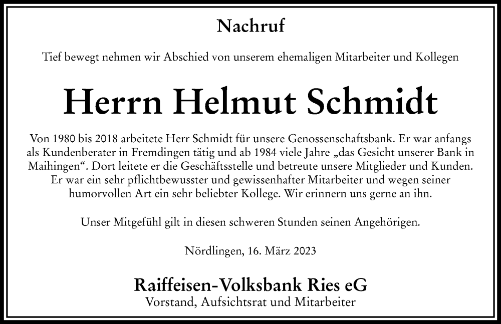 Traueranzeige von Helmut Schmidt von Rieser Nachrichten