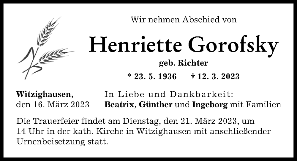  Traueranzeige für Henriette Gorofsky vom 16.03.2023 aus Neu-Ulmer Zeitung
