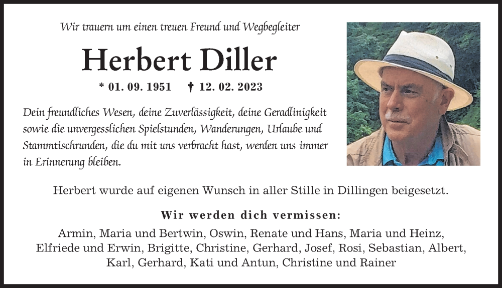 Traueranzeige von Herbert Diller von Donau Zeitung