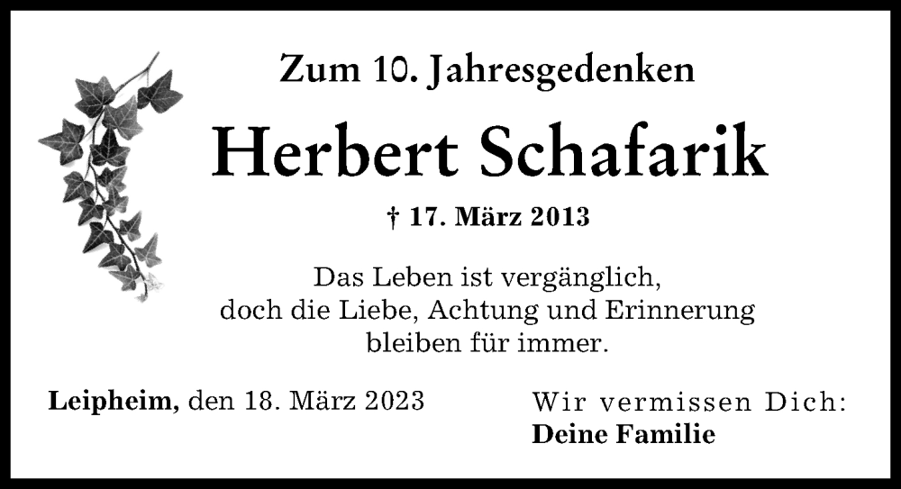  Traueranzeige für Herbert Schafarik vom 18.03.2023 aus Günzburger Zeitung