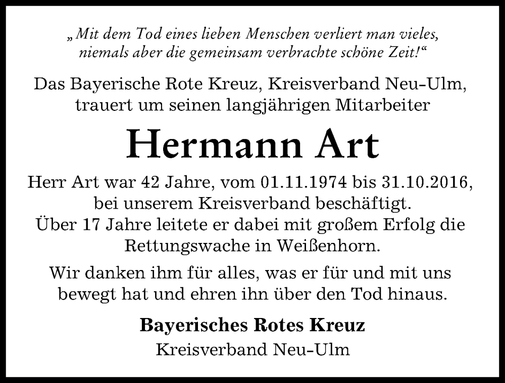  Traueranzeige für Hermann Art vom 15.03.2023 aus Neu-Ulmer Zeitung