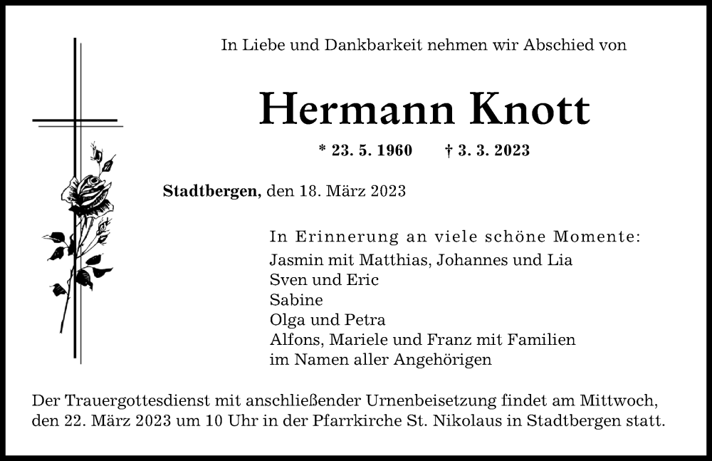  Traueranzeige für Hermann Knott vom 18.03.2023 aus Augsburger Allgemeine