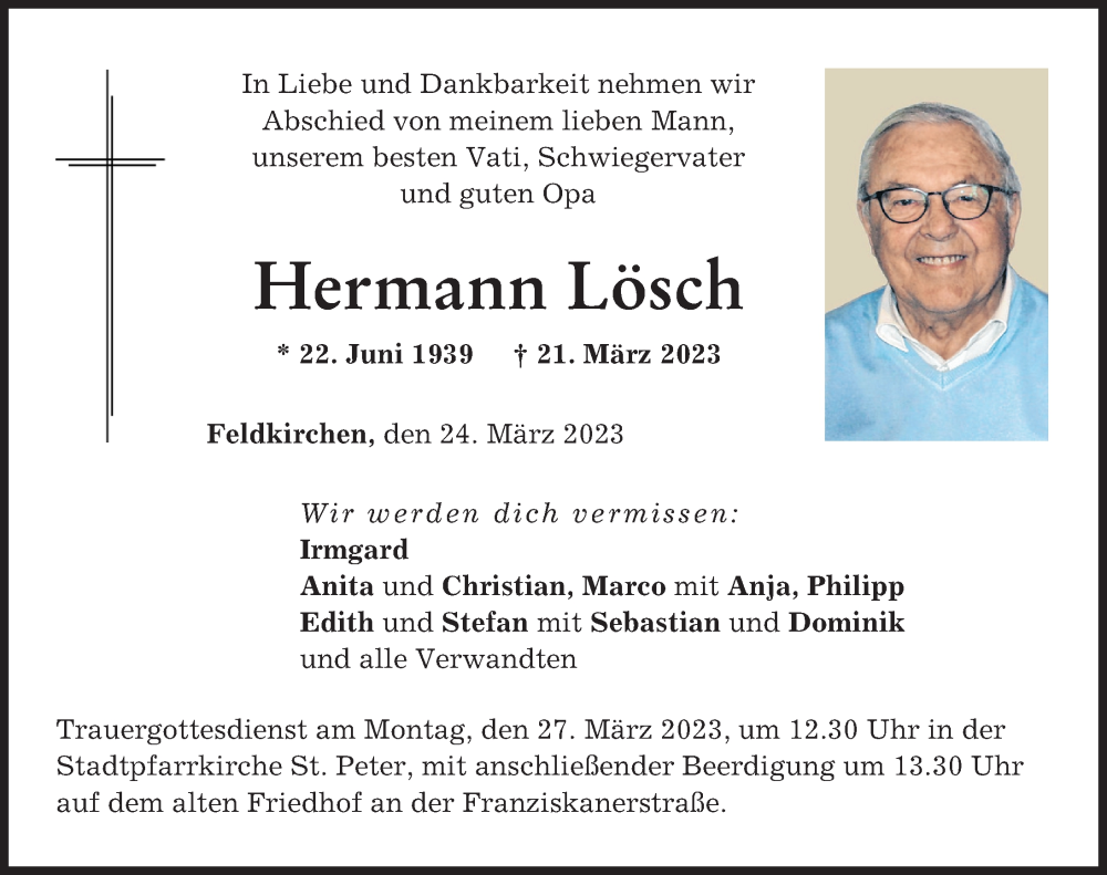  Traueranzeige für Hermann Lösch vom 24.03.2023 aus Neuburger Rundschau