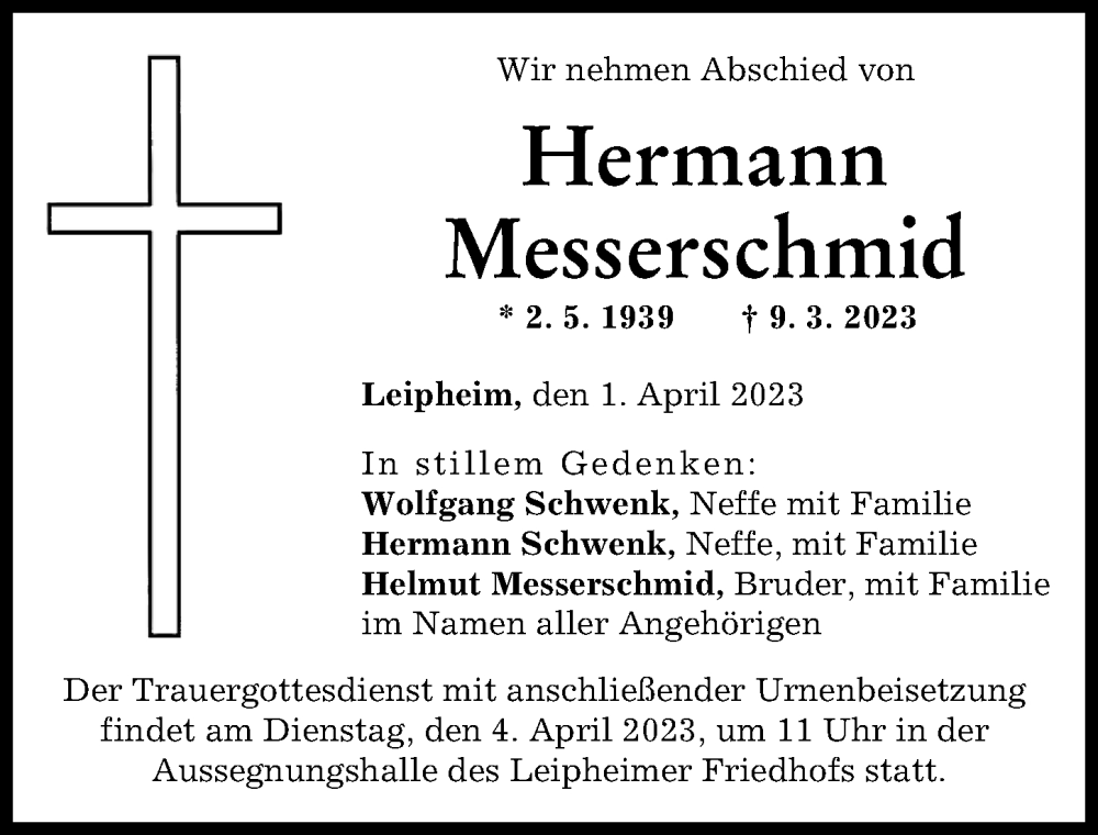 Traueranzeige von Hermann Messerschmid von Günzburger Zeitung