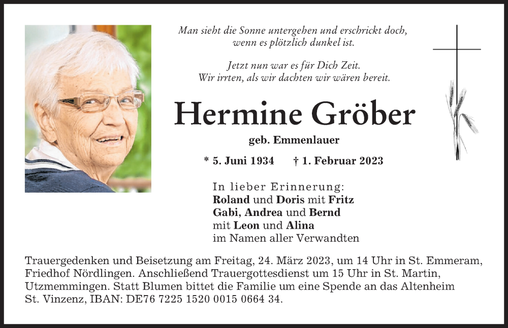  Traueranzeige für Hermine Gröber vom 18.03.2023 aus Rieser Nachrichten