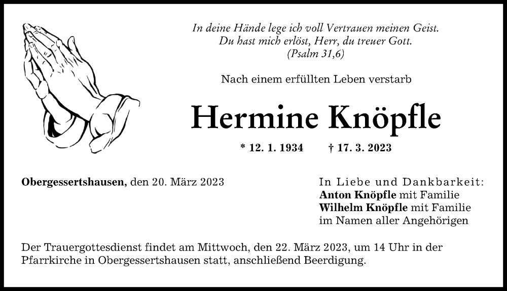  Traueranzeige für Hermine Knöpfle vom 20.03.2023 aus Mittelschwäbische Nachrichten