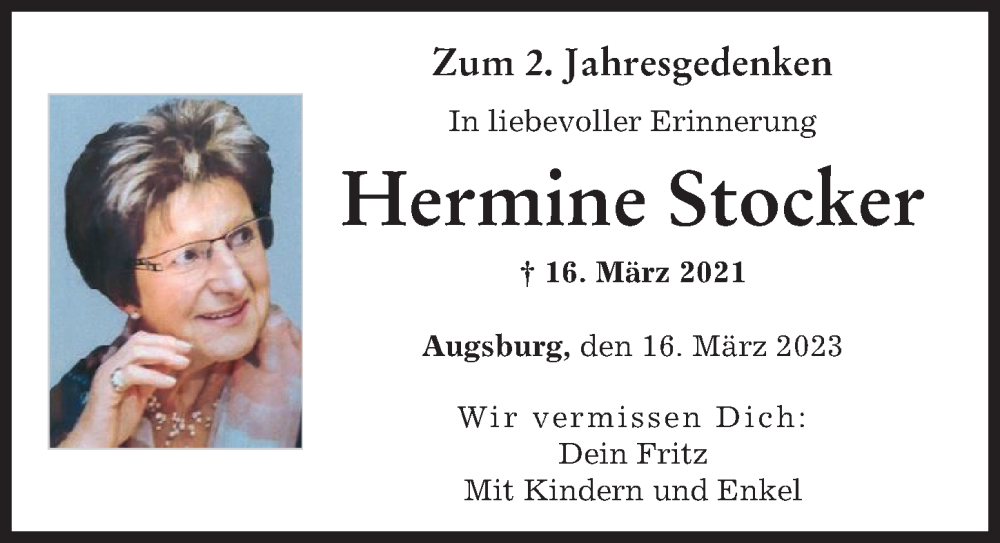 Traueranzeige von Hermine Stocker von Augsburger Allgemeine