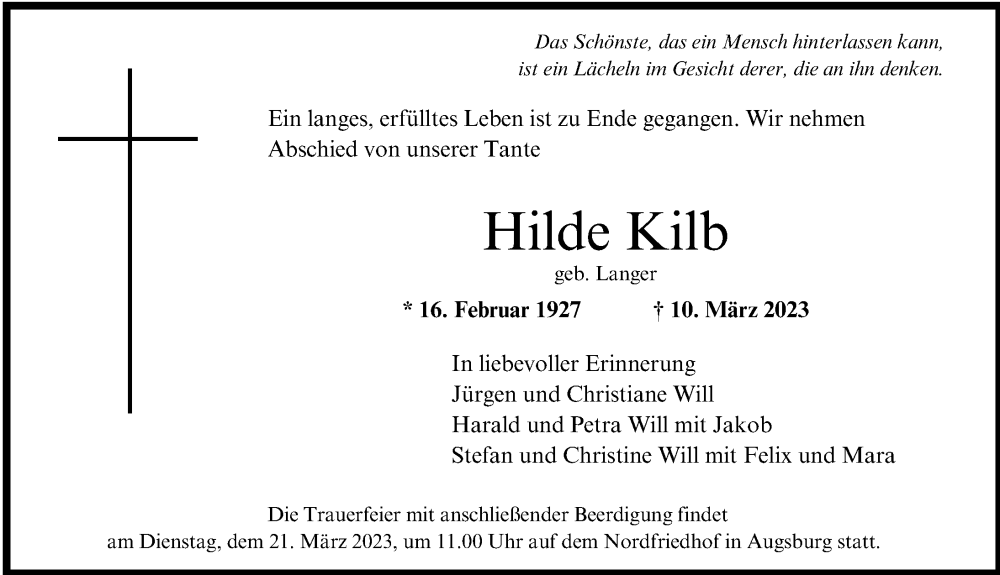  Traueranzeige für Hilde Kilb vom 18.03.2023 aus Augsburger Allgemeine
