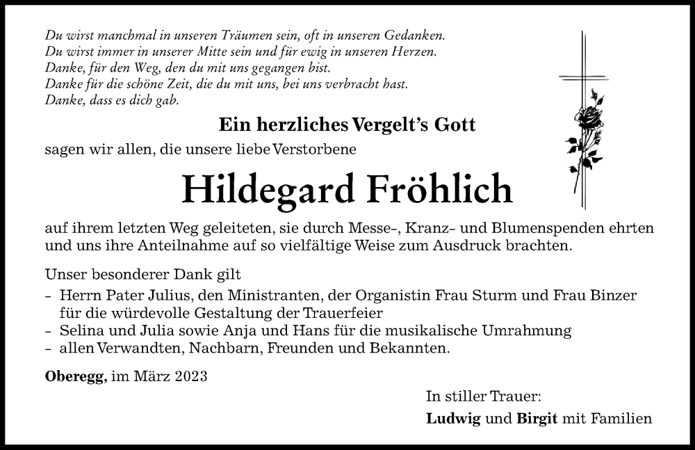 Traueranzeige von Hildegard Fröhlich von Mindelheimer Zeitung