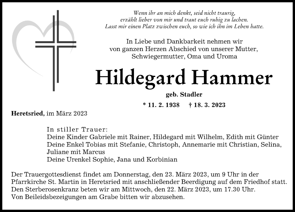 Traueranzeige von Hildegard Hammer von Augsburger Allgemeine