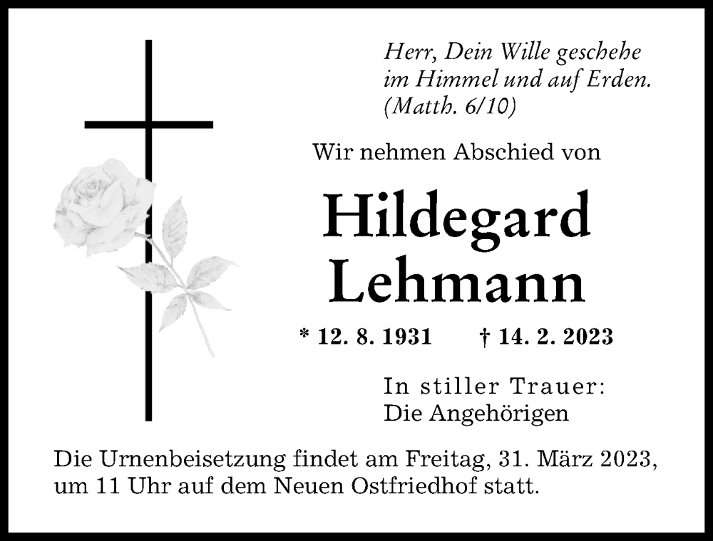  Traueranzeige für Hildegard Lehmann vom 25.03.2023 aus Augsburger Allgemeine