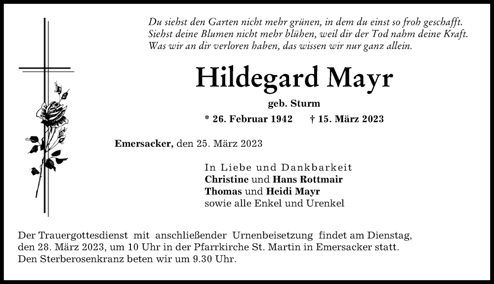  Traueranzeige für Hildegard Mayr vom 25.03.2023 aus Augsburg-Land