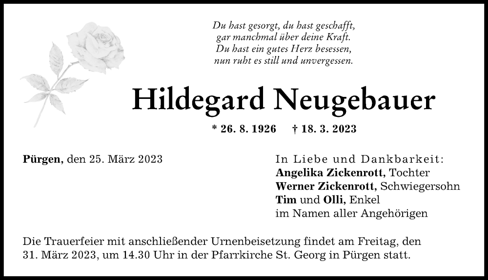  Traueranzeige für Hildegard Neugebauer vom 25.03.2023 aus Landsberger Tagblatt