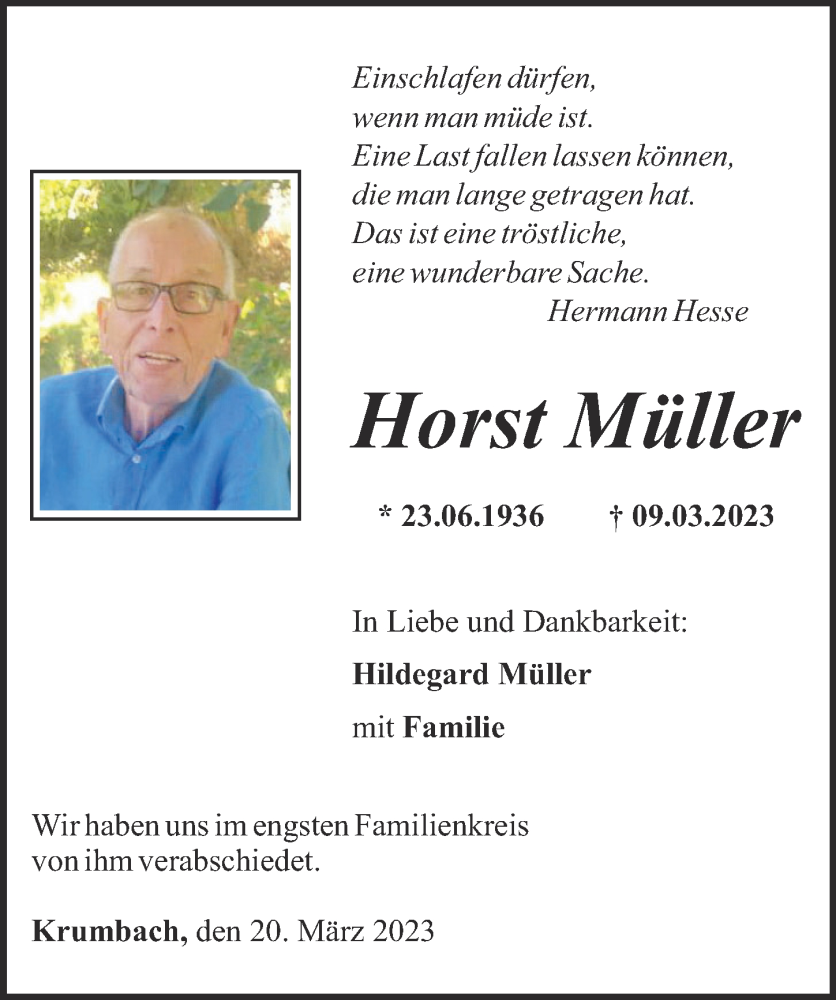  Traueranzeige für Horst Müller vom 20.03.2023 aus Mittelschwäbische Nachrichten