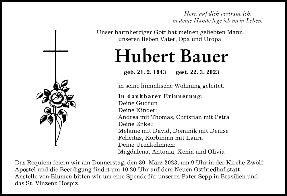 Traueranzeige von Hubert Bauer von Augsburger Allgemeine