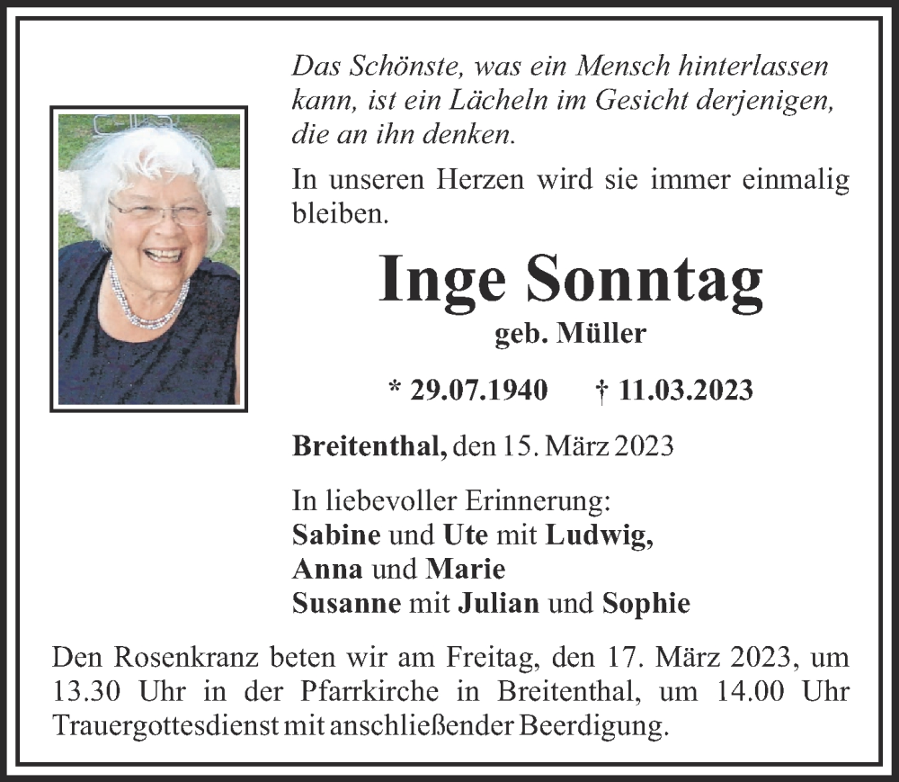  Traueranzeige für Inge Sonntag vom 15.03.2023 aus Mittelschwäbische Nachrichten