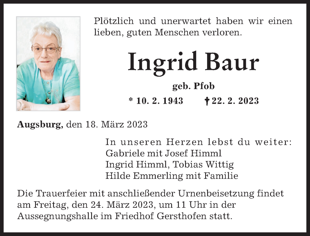  Traueranzeige für Ingrid Baur vom 18.03.2023 aus Augsburger Allgemeine