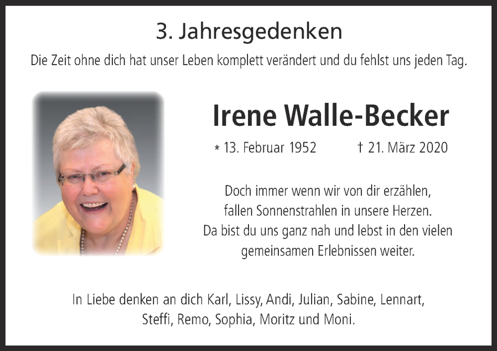 Traueranzeige von Irene Walle-Becker von Augsburger Allgemeine