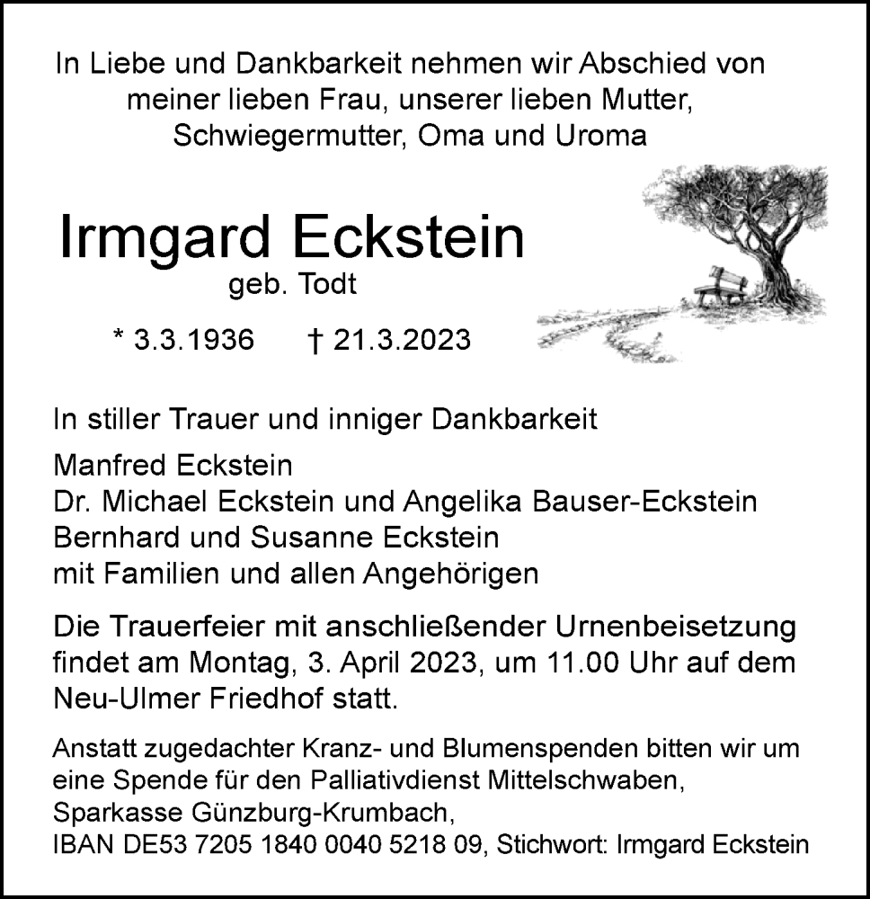  Traueranzeige für Irmgard Eckstein vom 25.03.2023 aus Augsburger Allgemeine, Neu-Ulmer Zeitung