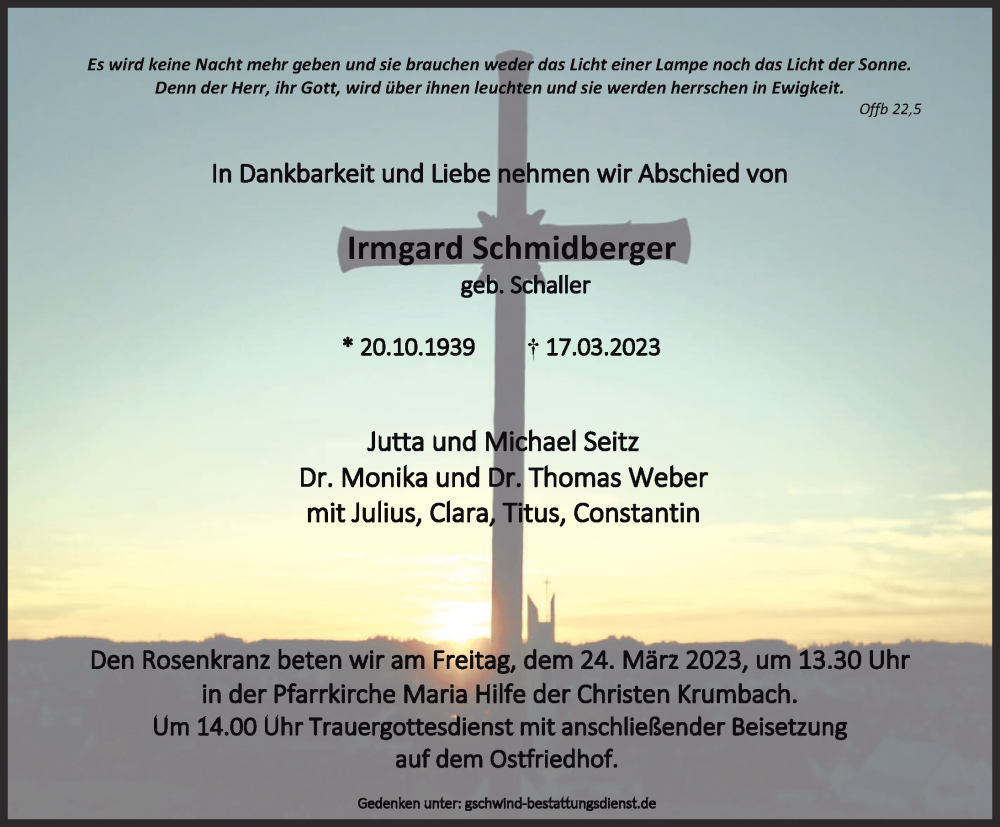  Traueranzeige für Irmgard Schmidberger vom 21.03.2023 aus Mittelschwäbische Nachrichten
