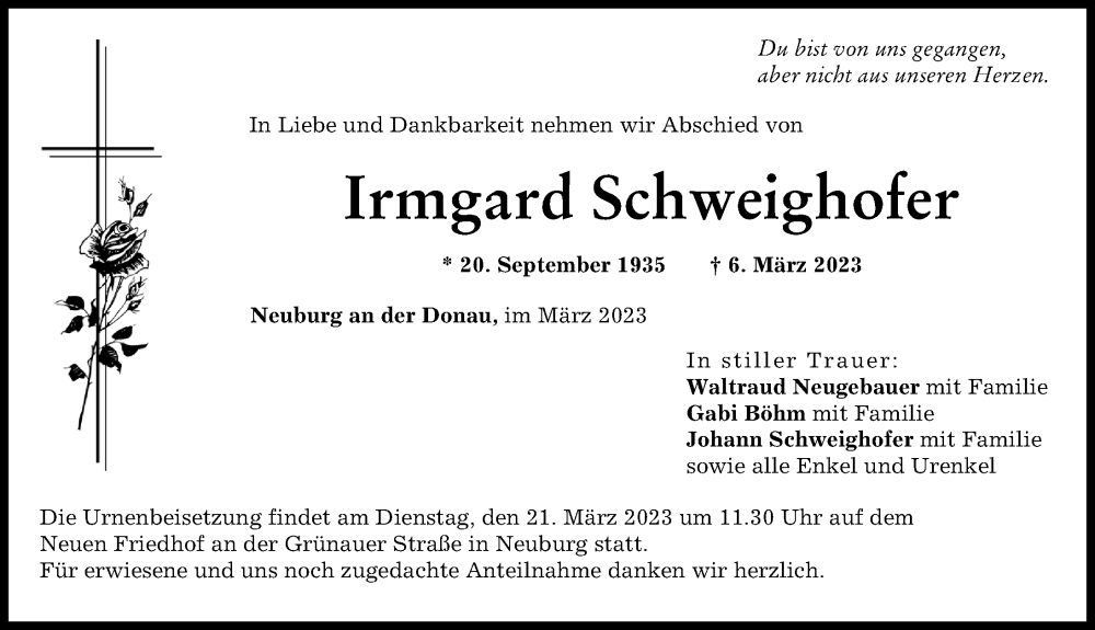 Traueranzeige für Irmgard Schweighofer vom 18.03.2023 aus Neuburger Rundschau