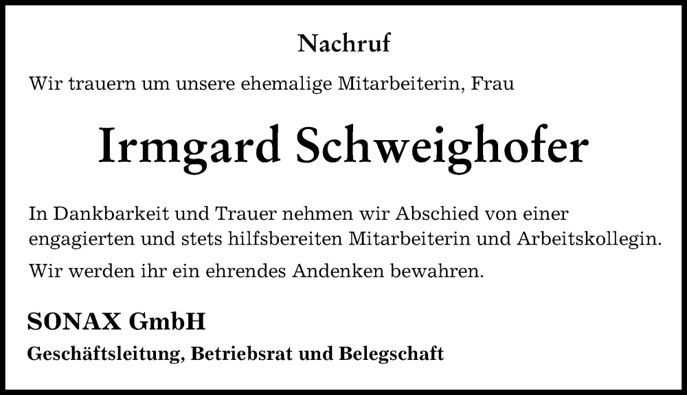  Traueranzeige für Irmgard Schweighofer vom 25.03.2023 aus Neuburger Rundschau