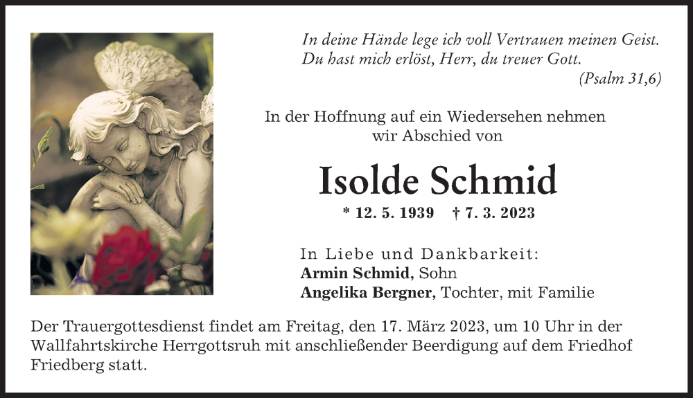 Traueranzeige von Isolde Schmid von Friedberger Allgemeine